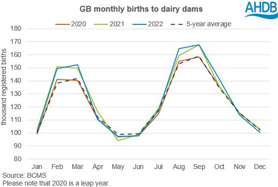 graph showing the change in GB monthly births to dairy dams across the year